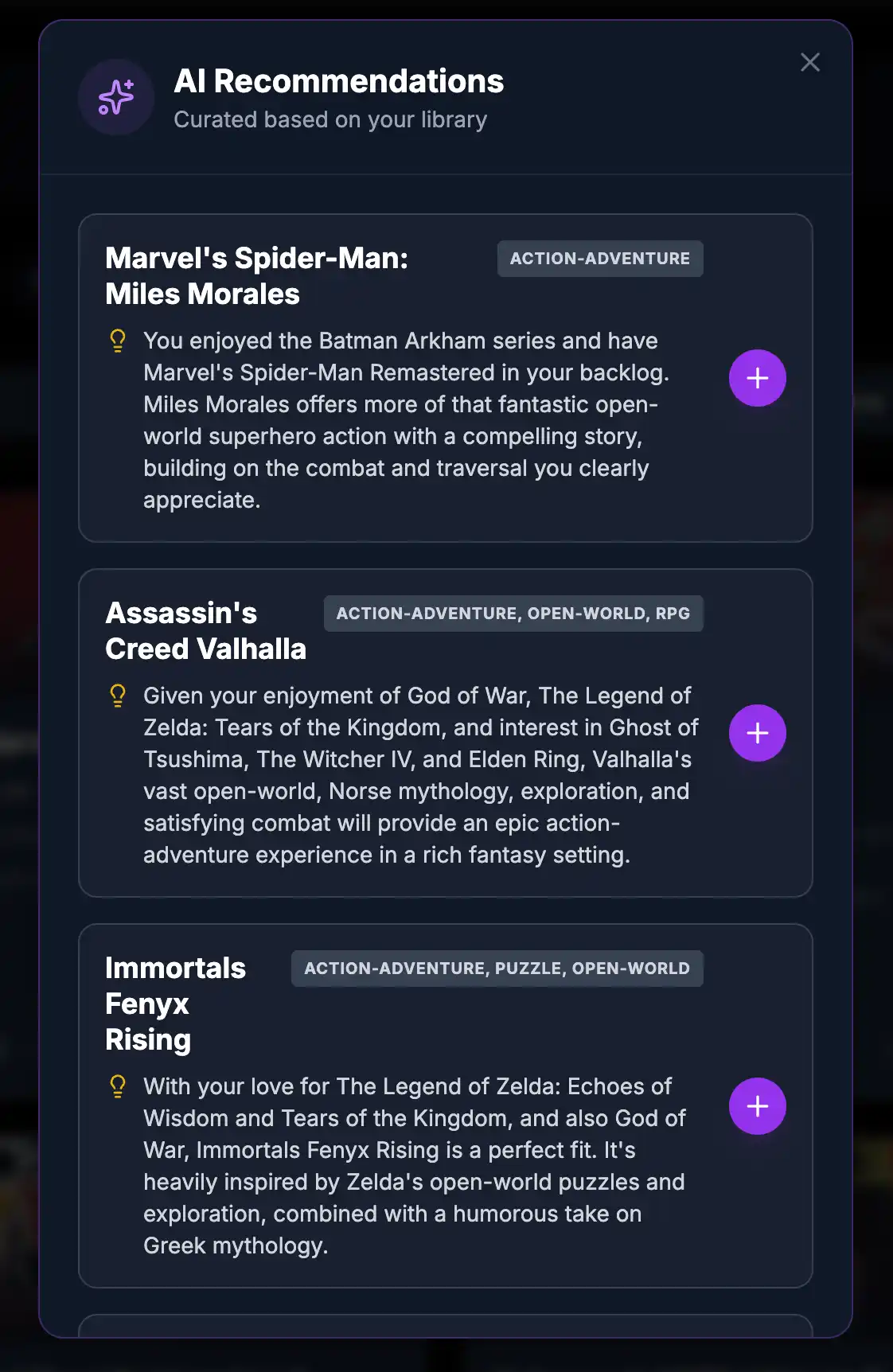 PlayTrak AI Recommendations feature showing personalized game suggestions